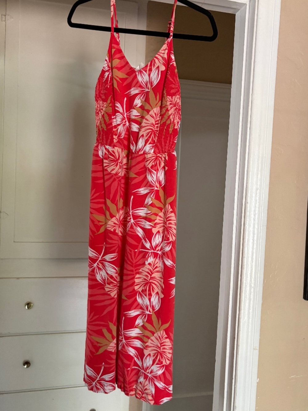 Roxy XS Red Tropical Midi Dress • Spaghetti Strap Summer Sundress • Beachy
